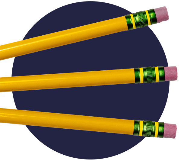 three pencils on a blue, circular background
