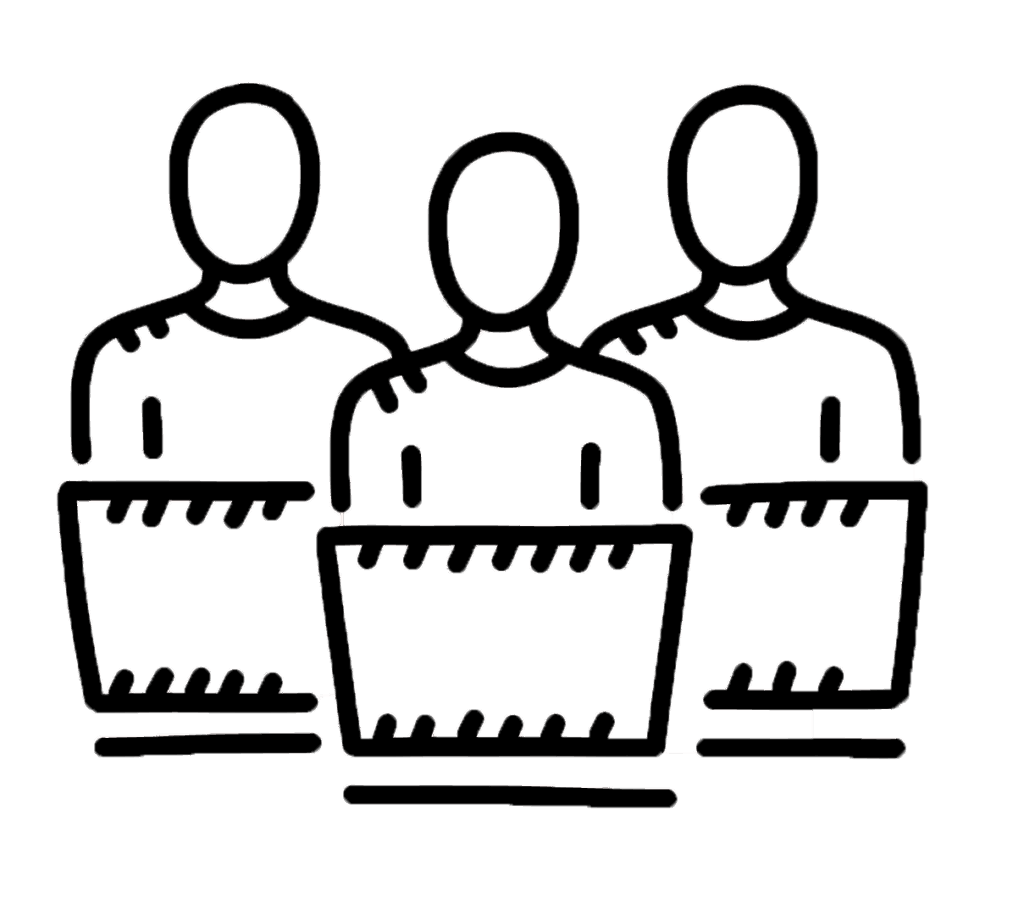pencil sketch of three employees working on laptops