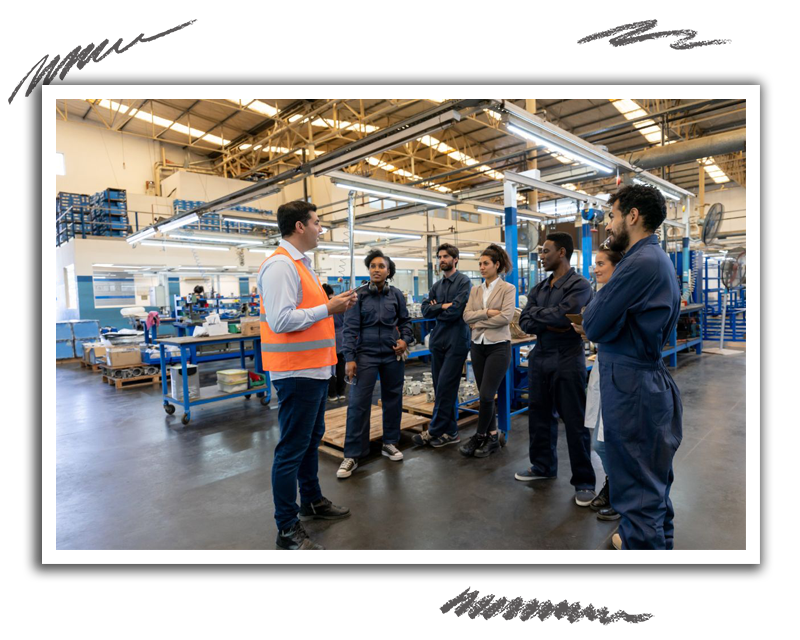 employees at a manufacturing firm having a team meeting on the manufacturing floor