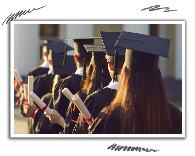 a single line of students from the rear. each student is wearing a cap and gown and holding a diploma in their left hands