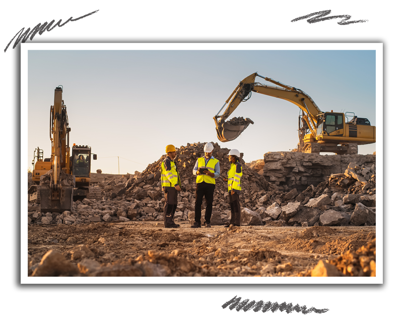 three construction workers discussing plans on site with heavy equipment machinery in the background