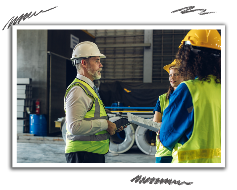 lead construction engineer lecturing a group of subordinates while on the job location