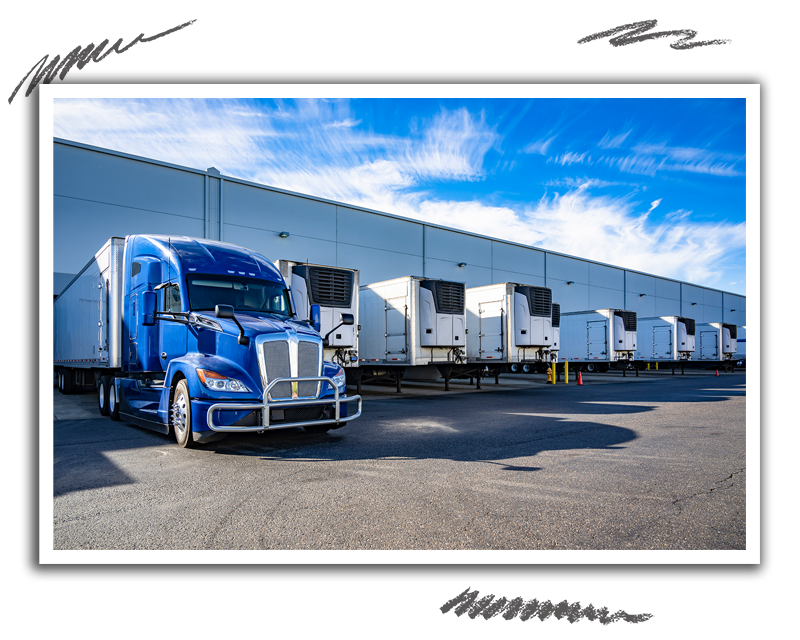 a commercial truck with trailer sitting at warehouse load in point