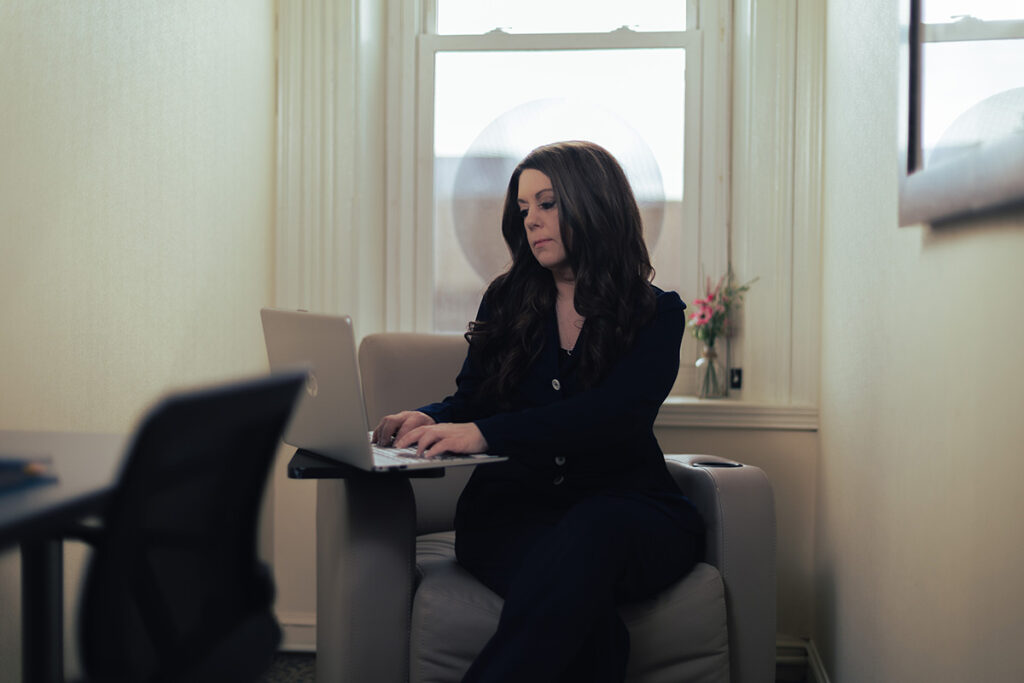 a vp of hr works on a project in a secluded, private location