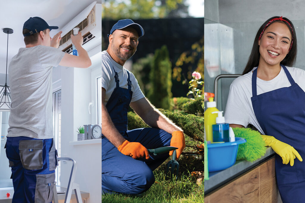 three stacked images of home improvement workers