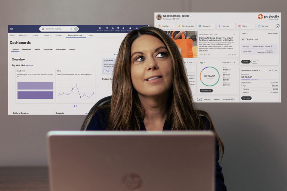 HR leader pondering HCM solution options while homepage prompts from two competing vendors hover in the background