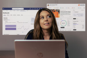 HR leader pondering HCM solution options while homepage prompts from two competing vendors hover in the background