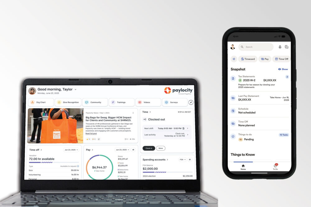 paylocity user interface on laptop and adp workforce now user interface on a smartphone